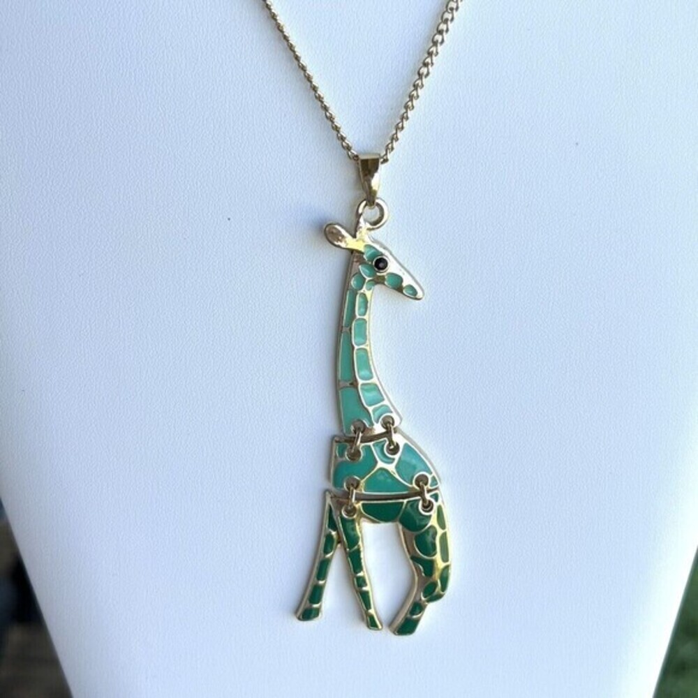 ARTICULATED (Hinged) Giraffe Safari Enamel Golden Green Pendant Necklace 29.5 in